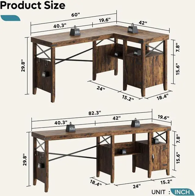 Alt view image 2 of 7 - L Shaped Desk for Home Office, Farmhouse Computer Desk with Storage Cabinet, Office Desk with Bookshelf, 2 Person Computer Desk Up to 82 inch, Corner Desk with Shelves, White Wash 60 Inch