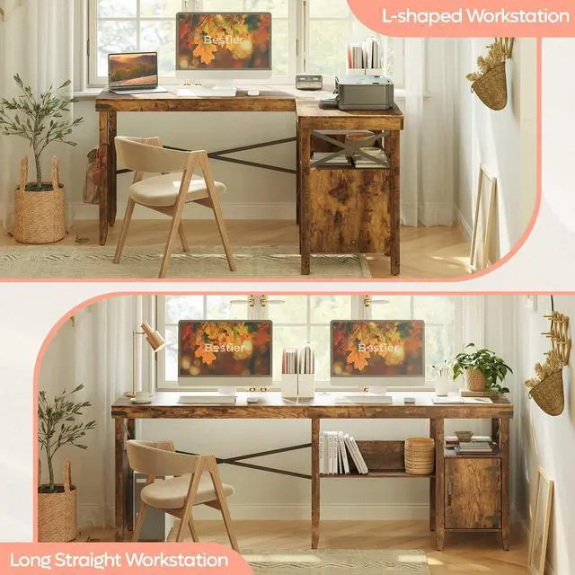 Alt view image 3 of 7 - L Shaped Desk for Home Office, Farmhouse Computer Desk with Storage Cabinet, Office Desk with Bookshelf, 2 Person Computer Desk Up to 82 inch, Corner Desk with Shelves, White Wash 60 Inch