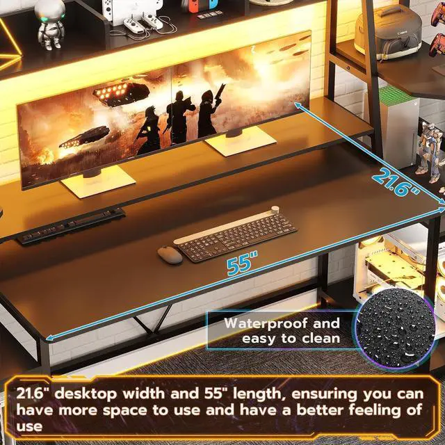 Alt view image 4 of 7 - Gaming Desk 78.8'' with LED Lights, Hutch and Storage Shelves, Computer Desk with Monitor Stand, Large PC Gamer Desk Workstation, Ergonomic Gaming Table for Bedroom, Living Room, Black