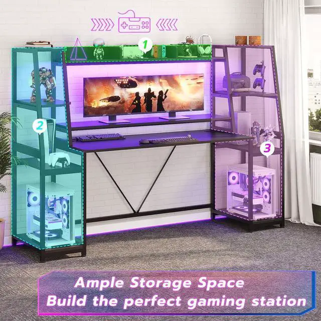Alt view image 5 of 7 - Gaming Desk 78.8'' with LED Lights, Hutch and Storage Shelves, Computer Desk with Monitor Stand, Large PC Gamer Desk Workstation, Ergonomic Gaming Table for Bedroom, Living Room, Black