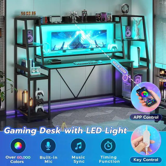 Alt view image 6 of 7 - Gaming Desk 78.8'' with LED Lights, Hutch and Storage Shelves, Computer Desk with Monitor Stand, Large PC Gamer Desk Workstation, Ergonomic Gaming Table for Bedroom, Living Room, Black