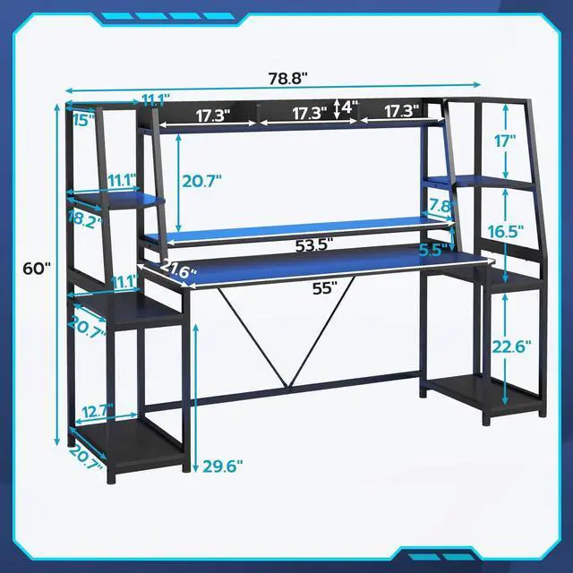 Alt view image 2 of 7 - Gaming Desk 78.8'' with LED Lights, Hutch and Storage Shelves, Computer Desk with Monitor Stand, Large PC Gamer Desk Workstation, Ergonomic Gaming Table for Bedroom, Living Room, Black