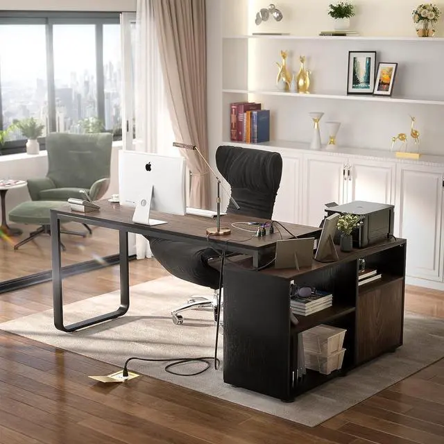 Alt view image 2 of 7 - L Shaped Desk with File Cabinet & Power Outlet, Reversible 55 Inch Large Corner Computer Desks with LED Strip, L-Shaped Computer Desk with Drawers and Storage Shelves, Grey & White
