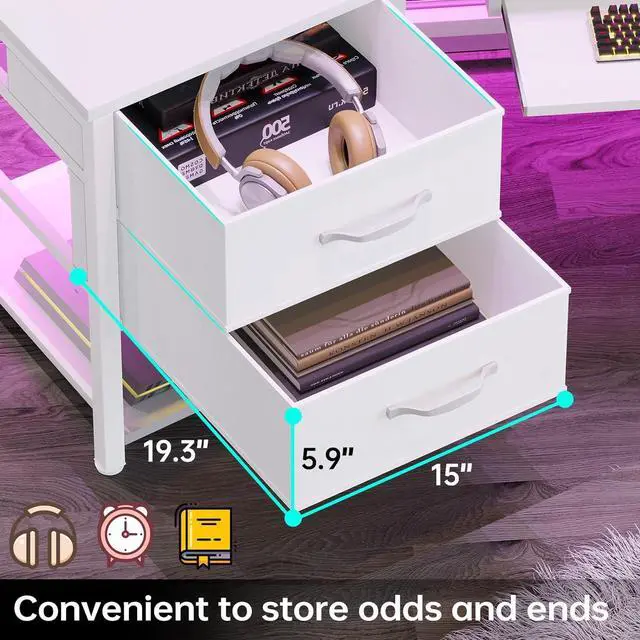 Alt view image 5 of 7 - 79" Gaming Desk, Computer Desk with 2 Fabric Drawers & LED Light, White Small Desk with Storage for Home Office, Carbon Fiber White