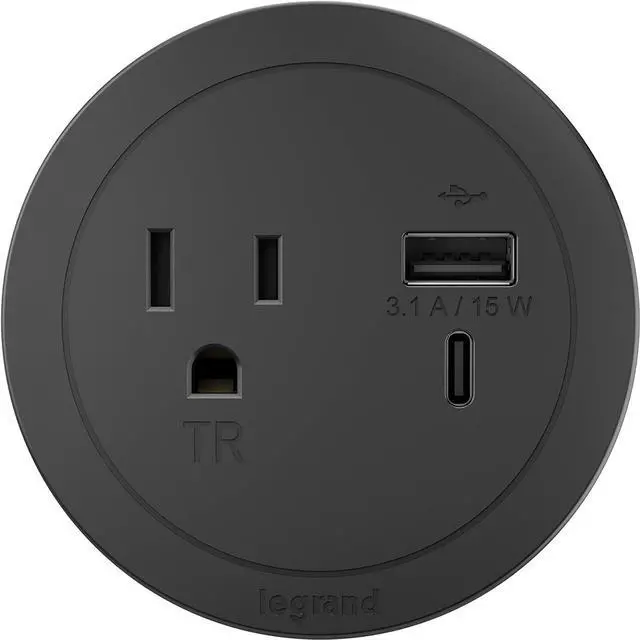 Main image of Legrand Wiremold RDSZCBK radiant Furniture Power Center with USB and Switch, Recessed Power Strip, 2 Outlets, Type A/C USB, 6 Foot Cord, Black