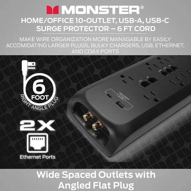 Alt view image 3 of 7 - 6ft White Power Strip and Tower Surge Protector, Heavy Duty Protection with 4050 Joule Rating, 12 120V-Outlets, 1 USB-A, and 1 USB-C Ports - Home Theatre, Home Appliances Black 10-Outlet By DT