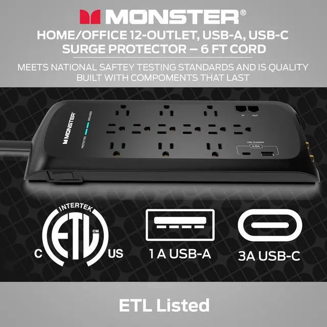 Alt view image 4 of 7 - 6ft White Power Strip and Tower Surge Protector, Heavy Duty Protection with 4050 Joule Rating, 12 120V-Outlets, 1 USB-A, and 1 USB-C Ports - Home Theatre, Home Appliances Black 10-Outlet By DT