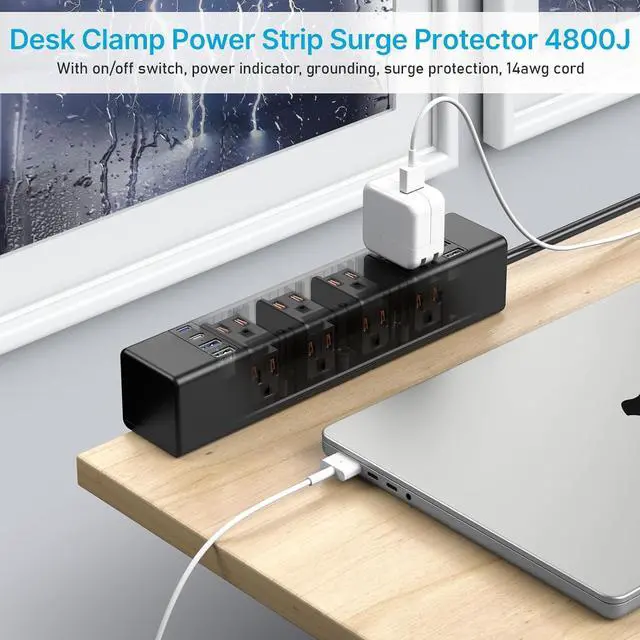 Alt view image 7 of 7 - CCCEI Desk Outlet Station 45W USB C Port. 12 Outlet Desktop Clamp Power Strip Surge Protector 4800J with Switch. Nightstand Office Standing Desk Accessories Fit Thicker Table Edge or Screw Mount, 10FT