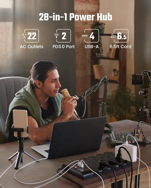 Alt view image 3 of 7 - Surge Protector Power Strip, SUPERDANNY Charging Station 22 Outlets with 45W Type-C Fast Charging USB Ports, 4 USB-A, 2 USB-C, 2100J, 15A/1875W, 6.5Ft Flat Plug Extension Cord for Home Streaming Black
