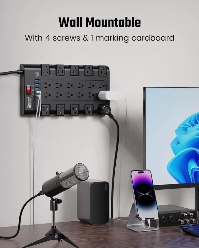 Alt view image 7 of 7 - Surge Protector Power Strip, SUPERDANNY Charging Station 22 Outlets with 45W Type-C Fast Charging USB Ports, 4 USB-A, 2 USB-C, 2100J, 15A/1875W, 6.5Ft Flat Plug Extension Cord for Home Streaming Black