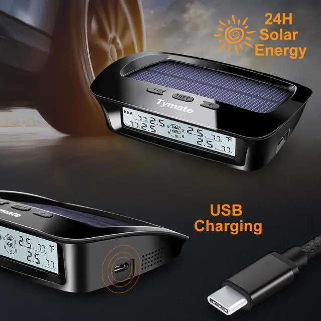 Alt view image 2 of 7 - RV Tire Pressure Monitoring System - M12-3 Tire Pressure Monitor System (0-87 PSI) with Solar Charge, 5 Alarm Modes, Auto Sleep Mode, LCD Display, RV TPMS with 4 Sensors, Easy to Install