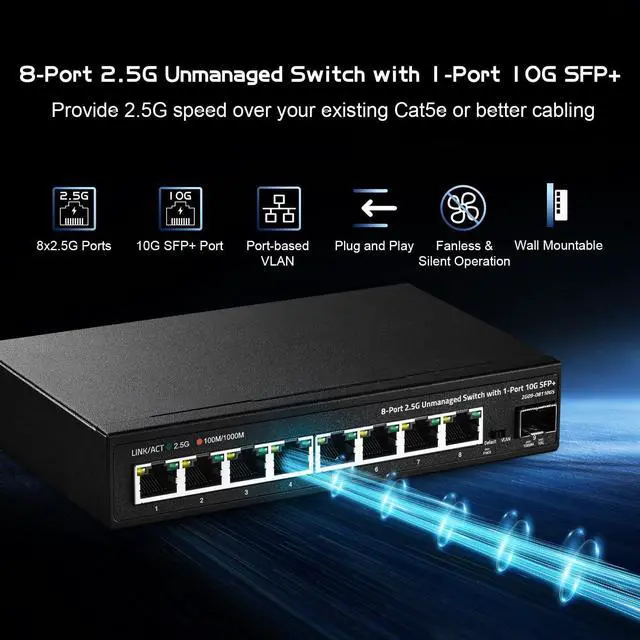 Alt view image 2 of 7 - Binardat 8 Port 2.5G Unmanaged Switch, Metal Case, 10G SFP+, RJ-45 Base-T, Desktop/Wall-Mount, Multi-Gigabit Ethernet, for Home/Office Use