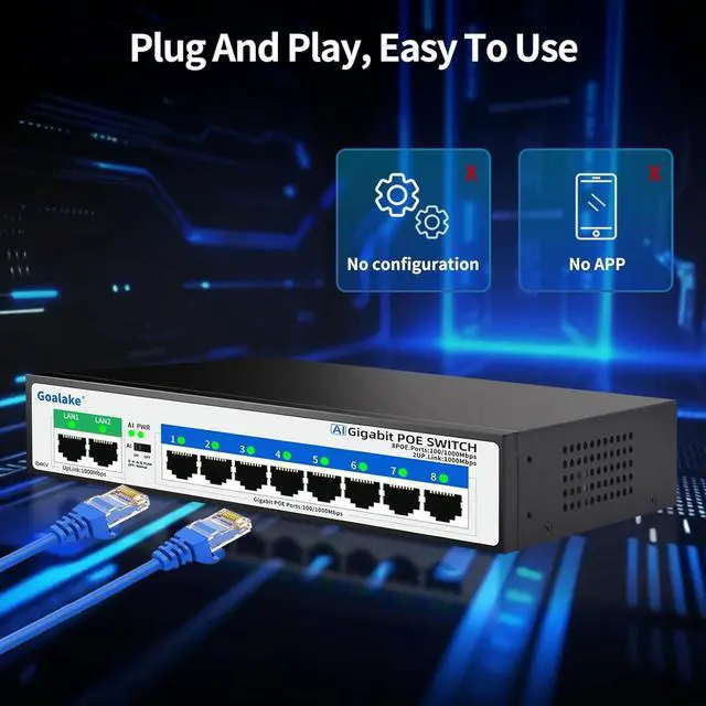 Alt view image 5 of 7 - 8 Port Gigabit PoE Switch with 2 Gigabit Uplink, Unmanaged 10 Port Gigabit PoE Switch Compatible with IEEE 802.3af/at Devices@120W, AI PoE Auto Recovery&Extend, Vlan, Metal Pluy&Play