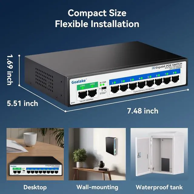 Alt view image 6 of 7 - 8 Port Gigabit PoE Switch with 2 Gigabit Uplink, Unmanaged 10 Port Gigabit PoE Switch Compatible with IEEE 802.3af/at Devices@120W, AI PoE Auto Recovery&Extend, Vlan, Metal Pluy&Play