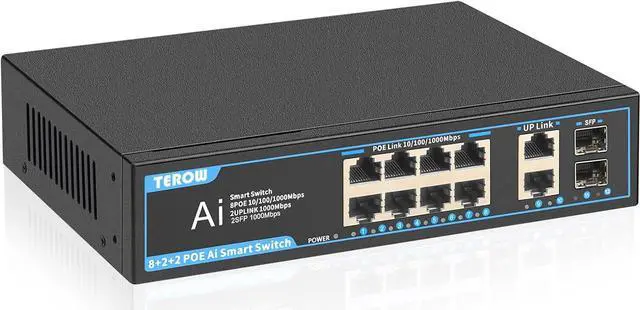 Main image of PoE Gigabit Switch 8-Port with 2 uplink & 2 SFP: TEROW 12-Port PoE+ Ethernet&10-Port Network Switches,120W,802.3af/at Compliant, Plug & Play, Metal Fanless with Shielded for Home/soho Office