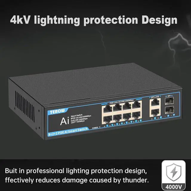 Alt view image 6 of 7 - PoE Gigabit Switch 8-Port with 2 uplink & 2 SFP: TEROW 12-Port PoE+ Ethernet&10-Port Network Switches,120W,802.3af/at Compliant, Plug & Play, Metal Fanless with Shielded for Home/soho Office