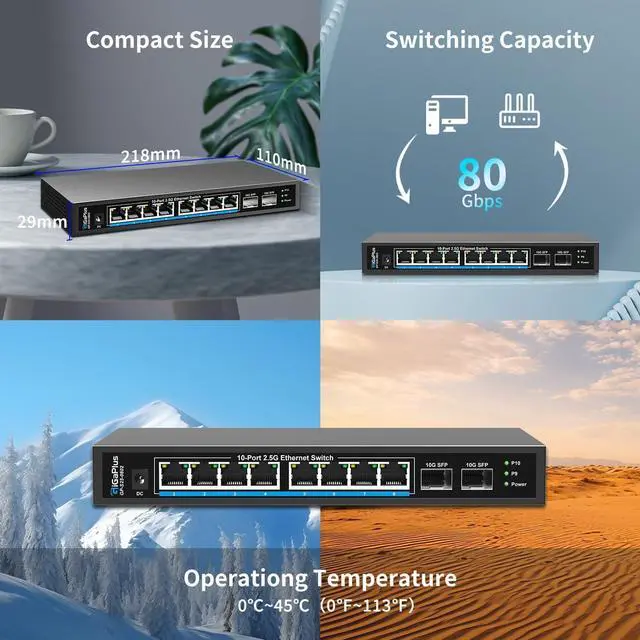 Alt view image 7 of 7 - 10 Port 2.5Gb Unmanaged Ethernet Switch with 8* 2.5G Base-T Ports, 2* 10G SFP+ Ports. GiGaPlus 2.5Gbps Network Switch for 2.5Gbps NAS/PC, WiFi6 Router, Wireless AP. Fanless Design, Plug and Play