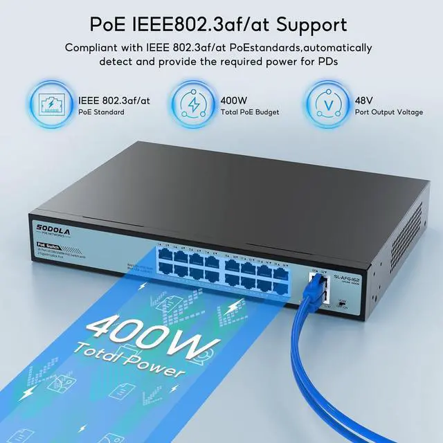 Alt view image 3 of 7 - 16 Port Gigabit PoE Switch 400W,2 Gigabit Uplink,802.3af/at,Port Isolation,Metal Casing,1U Rackmount,Unmanaged Network Switch