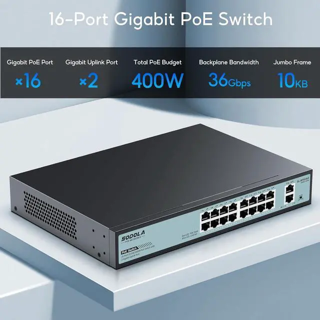 Alt view image 5 of 7 - 16 Port Gigabit PoE Switch 400W,2 Gigabit Uplink,802.3af/at,Port Isolation,Metal Casing,1U Rackmount,Unmanaged Network Switch
