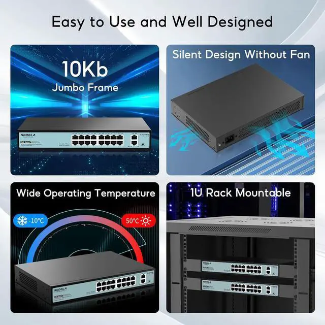 Alt view image 6 of 7 - 16 Port Gigabit PoE Switch 400W,2 Gigabit Uplink,802.3af/at,Port Isolation,Metal Casing,1U Rackmount,Unmanaged Network Switch