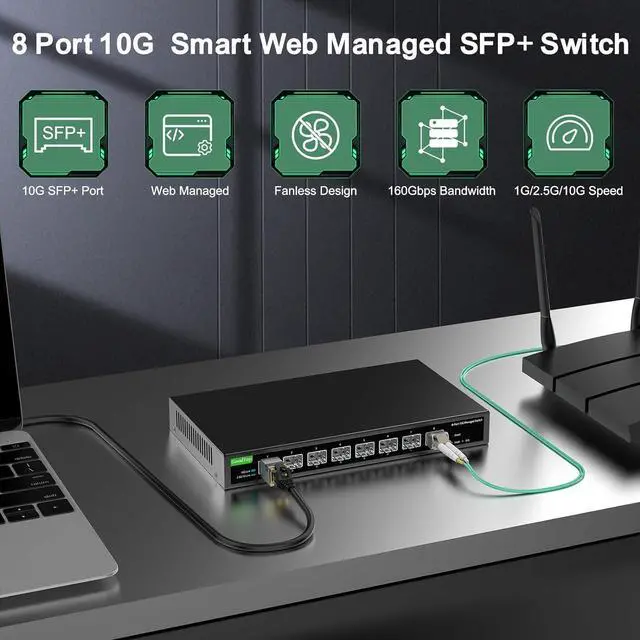 Alt view image 2 of 7 - 8 Port 10Gb Smart Web Managed SFP+ Switch,10G Optical Easy Managed SFP+ Ethernet Switch,Metal Fanless Home Lab Network Switch with Link Aggregation/QoS/VLAN/DHCP Client