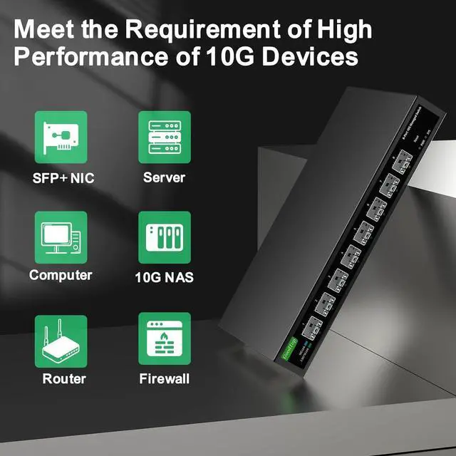 Alt view image 3 of 7 - 8 Port 10Gb Smart Web Managed SFP+ Switch,10G Optical Easy Managed SFP+ Ethernet Switch,Metal Fanless Home Lab Network Switch with Link Aggregation/QoS/VLAN/DHCP Client