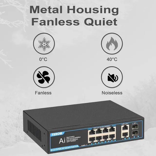 Alt view image 7 of 7 - PoE Gigabit Switch 8-Port with 2 uplink & 2 SFP: TEROW 12-Port PoE+ Ethernet&10-Port Network Switches,120W,802.3af/at Compliant, Plug & Play, Metal Fanless with Shielded for Home/soho Office
