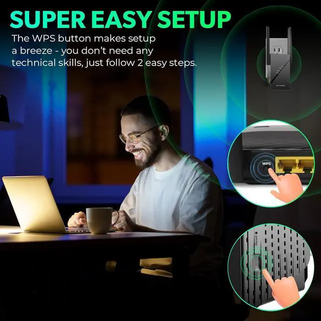 Alt view image 4 of 7 - 2025 WiFi 6 Range Extender, 2.4Gbps Home Signal Booster, 12X Faster Dual Band 5GHz/2.4GHz, Covers Up to 1,5000 Sq.ft and 99 Devices, Internet Wireless Repeater with Ethernet Port, 1-Tap Setup