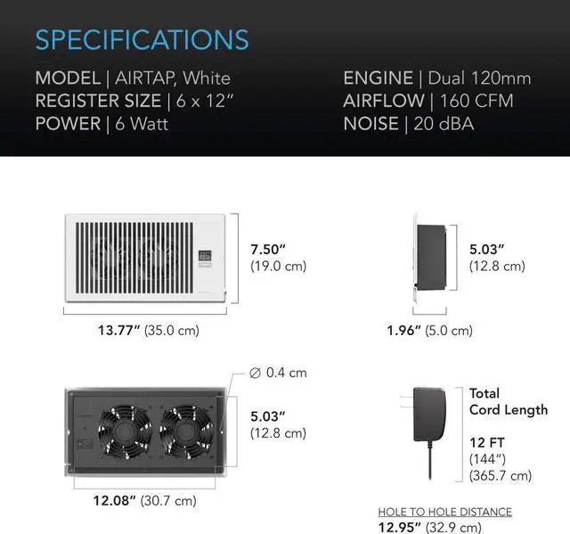 Alt view image 6 of 7 - AIRTAP T6, Quiet Register Booster Fan with Thermostat 10-Speed Control, Heating Cooling AC Vent, Fits 6 x 10 Register Holes, White