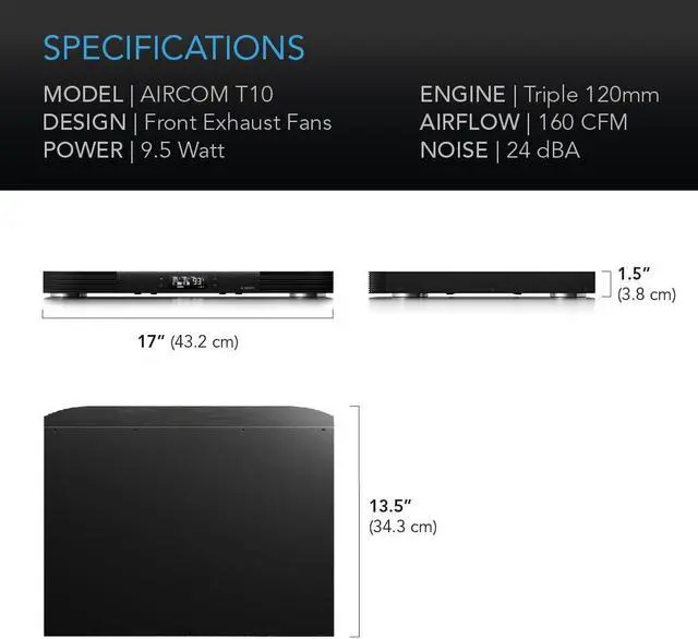 Alt view image 6 of 7 - AIRCOM T10, Quiet Cooling Blower Fan System 17" Front-Exhaust, for Receivers, Amps, DVR, AV Cabinet Components, compatible with Digital Video Recorder