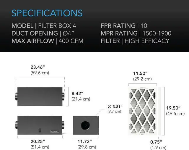 Alt view image 5 of 6 - Inline Filter Box 4" with High Efficacy Filter, Whole House HVAC Filtration Kit, Fits 4-Inch Inline Duct Fans for Fresh Air Intake and Ventilation