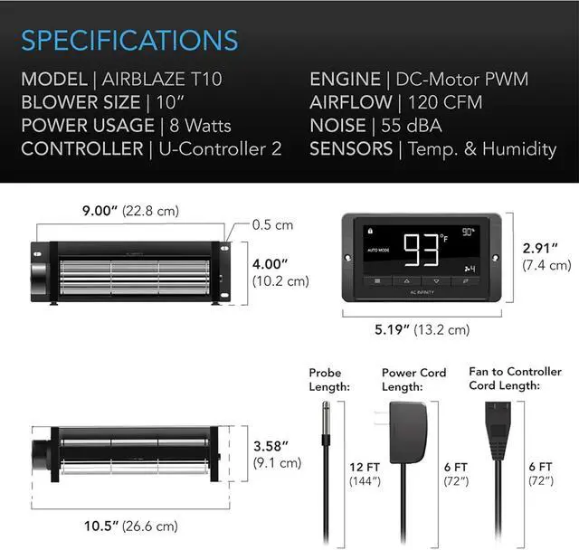 Alt view image 6 of 7 - AIRBLAZE T10, Universal Fireplace Blower Fan Kit 10" with Temperature and Speed Controller, Compatible with Lennox, Hearth Glo, Majestic, Rotom Fireplaces, for Home Heat Circulation