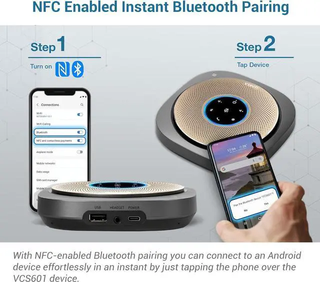 Alt view image 5 of 7 - VCS601-2 Bluetooth Conference Speakerphone - 360° Premium Voice Pickup with 6 Microphones, Smart NFC Connect, 24H Call Time with HD Audio, Reverse Charging USB C, Voice Assistant, Home Office