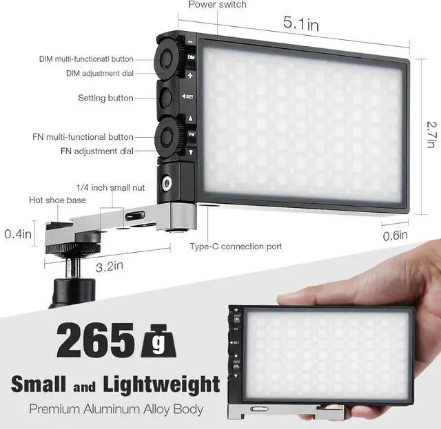 Alt view image 7 of 7 - Pixel G1s RGB Video Light with APP Control, Built-in 12W Rechargeable Battery LED Camera Light, 10 Common Lighting Effects, CRI97 2500-8500K RGB Video Light with Aluminum Alloy Body
