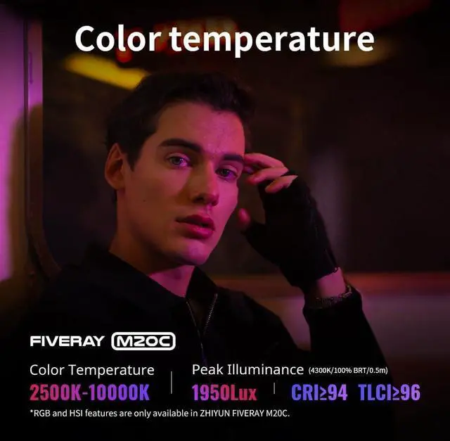 Alt view image 4 of 7 - FIVERAY M20C Combo [Official] RGB Video Light, 20W Portable Camera Light, HSI Mode, TLCI 96+, Temperature 2500K-10000K with 16 Light Effects, Support Magnetic Attraction and App with USB-C PD