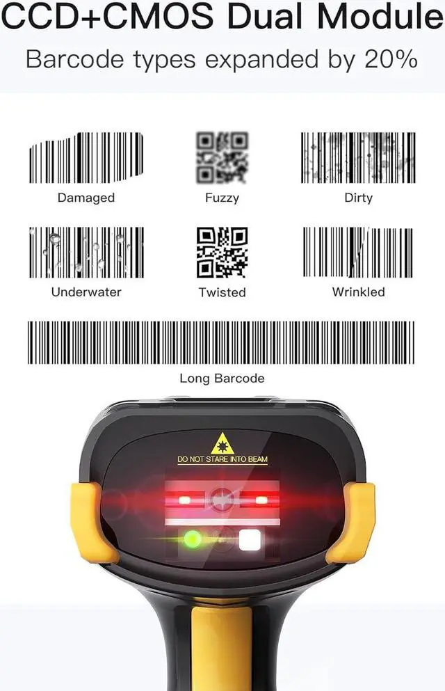 Alt view image 3 of 7 - Bluetooth Barcode Scanner, 2D 1D Wireless Handheld Scanner, QR Code Scanner, Equipped with a Touchscreen and Smart Base, CMOS+CCD Dual modules, Larger scanning Range, Supports app SDK, P8.