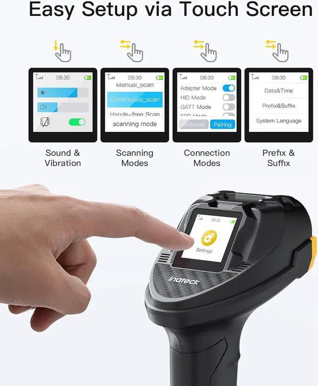 Alt view image 2 of 7 - Bluetooth Barcode Scanner, 2D 1D Wireless Handheld Scanner, QR Code Scanner, Equipped with a Touchscreen and Smart Base, CMOS+CCD Dual modules, Larger scanning Range, Supports app SDK, P8.