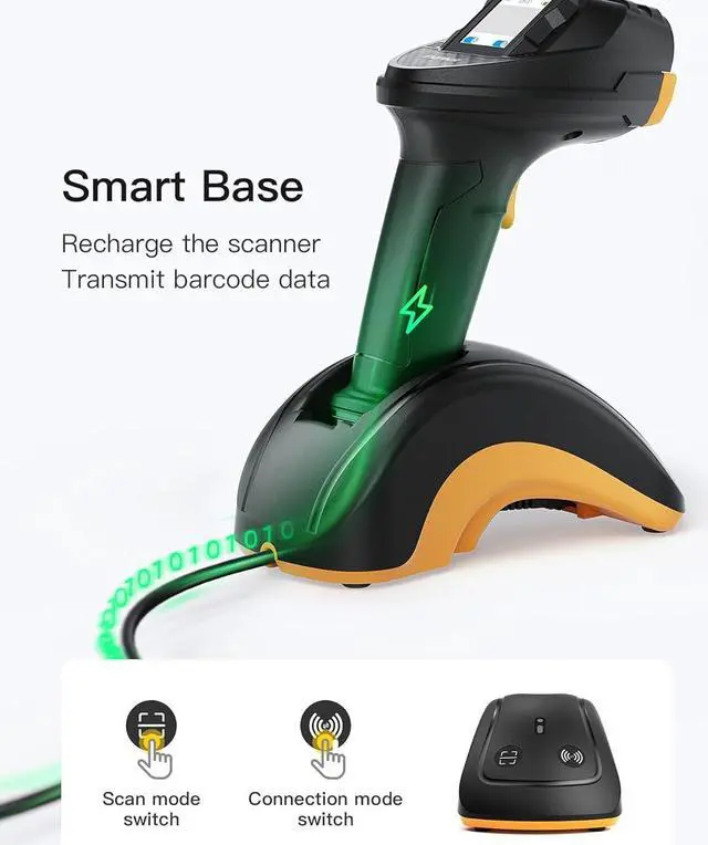 Alt view image 5 of 7 - Bluetooth Barcode Scanner, 2D 1D Wireless Handheld Scanner, QR Code Scanner, Equipped with a Touchscreen and Smart Base, CMOS+CCD Dual modules, Larger scanning Range, Supports app SDK, P8.