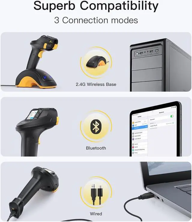 Alt view image 4 of 7 - Bluetooth Barcode Scanner, 2D 1D Wireless Handheld Scanner, QR Code Scanner, Equipped with a Touchscreen and Smart Base, CMOS+CCD Dual modules, Larger scanning Range, Supports app SDK, P8.