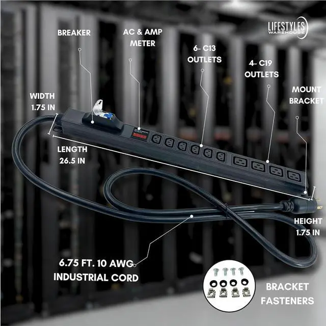 Alt view image 2 of 7 - 240V Power Strip with 6 -C13 & 4- C19 Outlets, 30 Amp, Rack Mount, Breaker and Surge Protector, 7200 Watt, 6ft 10 AWG Cord with L6-30P Plug, Digital Meter ASIC Mining (Black)