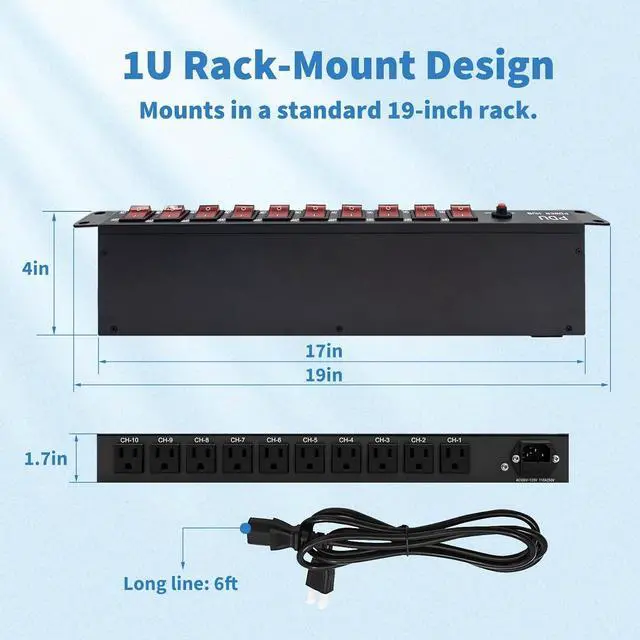 Alt view image 4 of 7 - PDU Power Strip Surge Protector,10 Outlet 1U Network-Grade Full Metal PDU Power Strip with Rackmount100V-240V/15A Designed for Server Rack