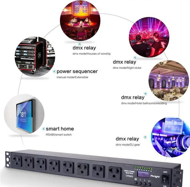 Alt view image 6 of 6 - 8-Outlet Smart PDU DMX Relay - Programmable Power Sequencer with DMX512 Control, RS485 Remote, Rack-Mount 20A Power Distribution Unit for Home & Studio