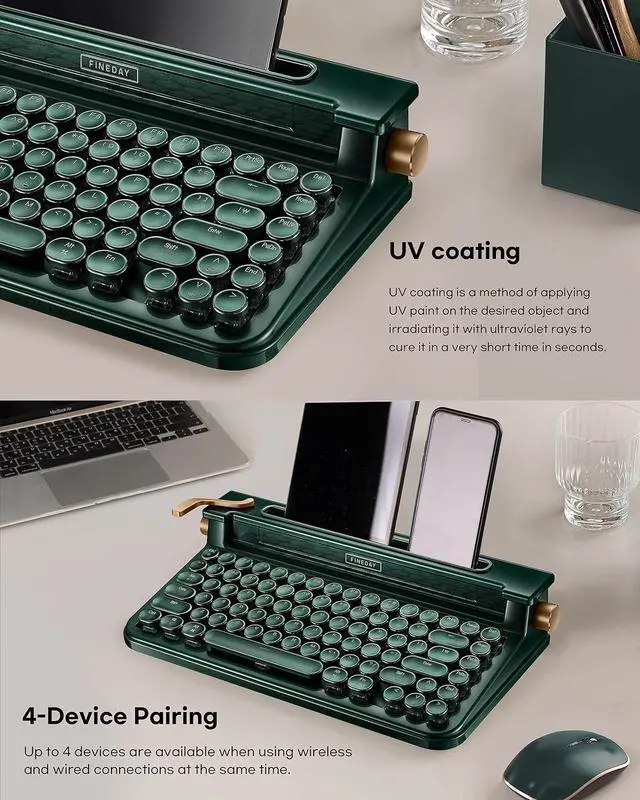 Alt view image 5 of 7 - Keyboard 3.0, Blue Switch, Retro Mechanical Keyboard, Typewriter Designed, Bluetooth 5.0 & USB up to 4 Devices, for Desktop PC/Laptop Mac/Phone (83 Key Aluminum-Dark Green)