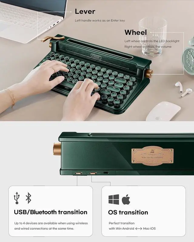 Alt view image 6 of 7 - Keyboard 3.0, Blue Switch, Retro Mechanical Keyboard, Typewriter Designed, Bluetooth 5.0 & USB up to 4 Devices, for Desktop PC/Laptop Mac/Phone (83 Key Aluminum-Dark Green)