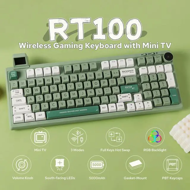 Alt view image 2 of 7 - EPOMAKER RT100 97 Keys Gasket BT5.0/2.4G/USB-C Mechanical Keyboard with Customizable Display Screen, Knob, Hot Swappable Socket, 5000mAh Battery for Win/Mac (RT100 Green, Wisteria Linear Switch)