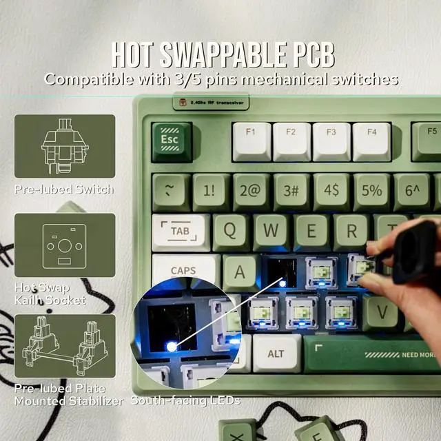 Alt view image 5 of 7 - EPOMAKER RT100 97 Keys Gasket BT5.0/2.4G/USB-C Mechanical Keyboard with Customizable Display Screen, Knob, Hot Swappable Socket, 5000mAh Battery for Win/Mac (RT100 Green, Wisteria Linear Switch)