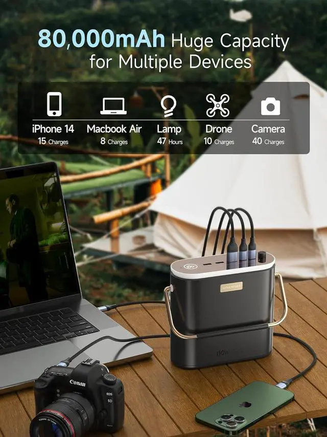 Alt view image 2 of 7 - 80,000mAh Power Bank 130W Portable Power Station with Digital Display, Lighting, USB C 5-Port Support Solar Recharge for Outdoor Camping,Laptop,Emergency Backup(296Wh)