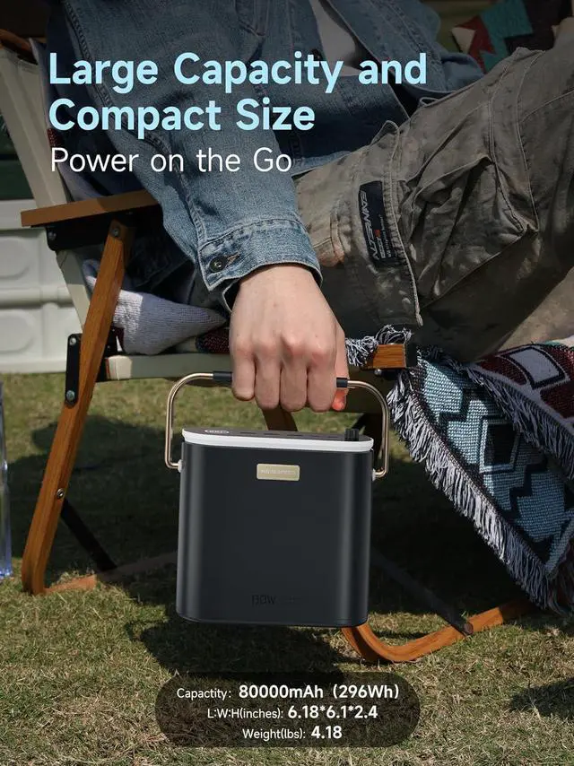 Alt view image 3 of 7 - 80,000mAh Power Bank 130W Portable Power Station with Digital Display, Lighting, USB C 5-Port Support Solar Recharge for Outdoor Camping,Laptop,Emergency Backup(296Wh)