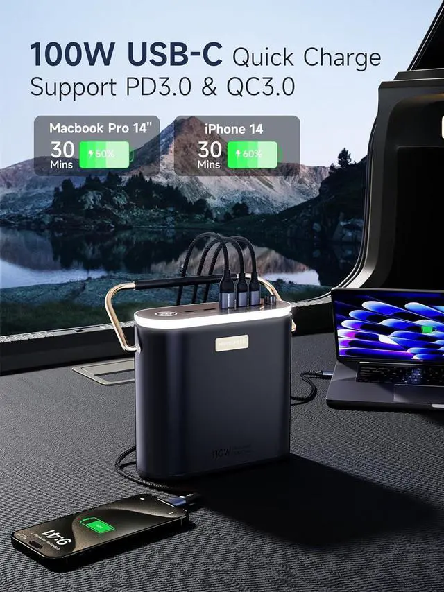 Alt view image 4 of 7 - 80,000mAh Power Bank 130W Portable Power Station with Digital Display, Lighting, USB C 5-Port Support Solar Recharge for Outdoor Camping,Laptop,Emergency Backup(296Wh)