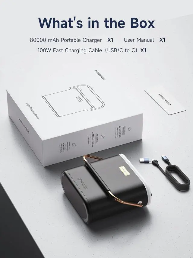 Alt view image 7 of 7 - 80,000mAh Power Bank 130W Portable Power Station with Digital Display, Lighting, USB C 5-Port Support Solar Recharge for Outdoor Camping,Laptop,Emergency Backup(296Wh)